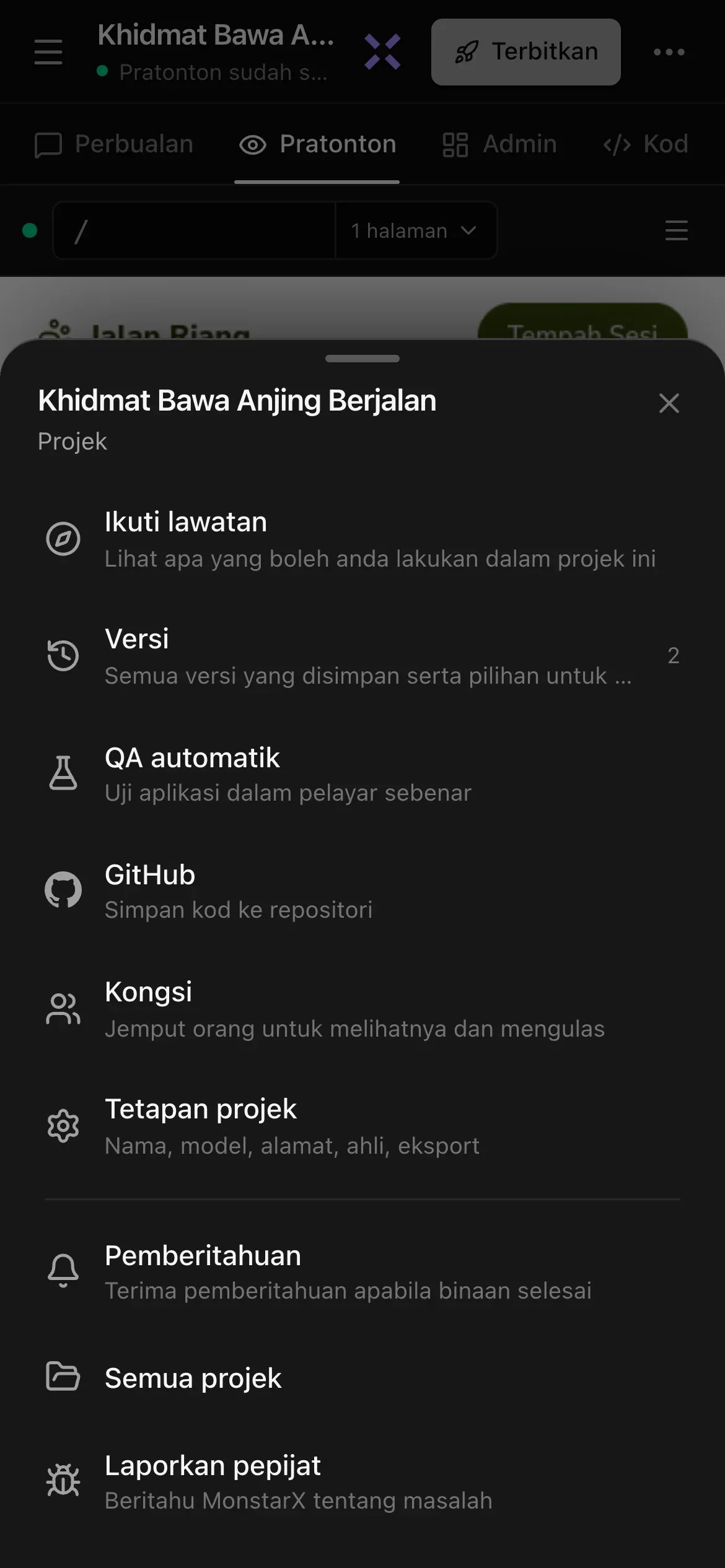 Helaian Lagi di telefon untuk projek Khidmat Bawa Anjing Berjalan: Ikuti lawatan, Versi, QA automatik, GitHub, Kongsi, Tetapan projek, Pemberitahuan, Semua projek dan Laporkan pepijat, setiap satu dengan penerangan ringkas