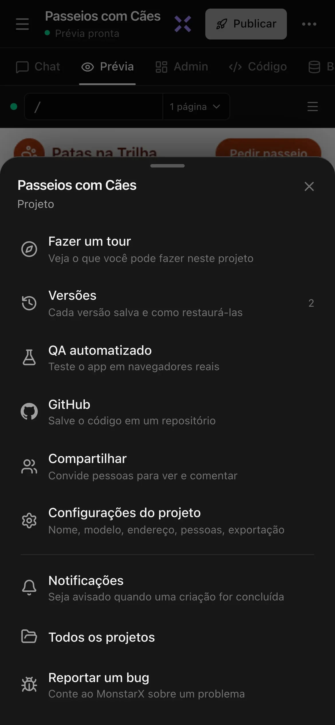 A folha Mais no celular para o projeto Passeios com Cães: Fazer um tour, Versões (2), QA automatizado, GitHub, Compartilhar, Configurações do projeto, Notificações, Todos os projetos e Reportar um bug, a maioria com uma descrição curta