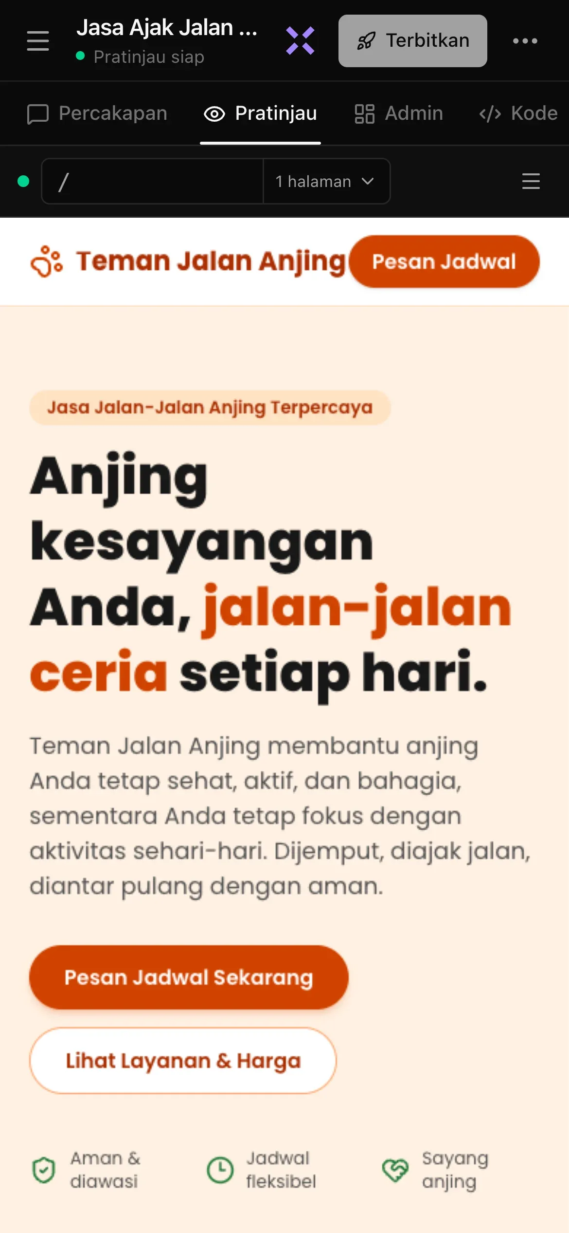 Proyek yang sudah jadi di ponsel: header dengan tombol menu, nama proyek yang terpotong dan Pratinjau siap di bawahnya, X ungu untuk Tanya Luna, Terbitkan, dan •••; deretan tampilan Percakapan, Pratinjau, Admin, dan Kode dengan Pratinjau terpilih; serta situs Teman Jalan Anjing di pratinjau
