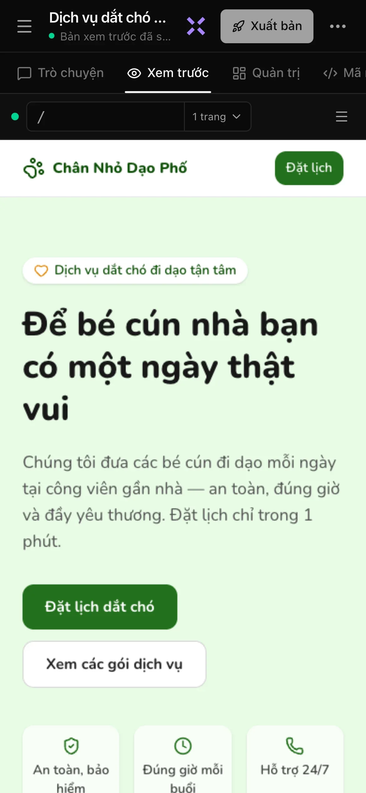 Một dự án đã hoàn thành trên điện thoại: phần đầu với nút menu, tên dự án bị rút gọn và dòng Bản xem trước đã sẵn sàng bên dưới, chữ X màu tím của Hỏi Luna, Xuất bản và •••; hàng khung Trò chuyện, Xem trước, Quản trị và Mã nguồn với Xem trước đang được chọn; và trang web dắt chó đi dạo Chân Nhỏ Dạo Phố trong bản xem trước