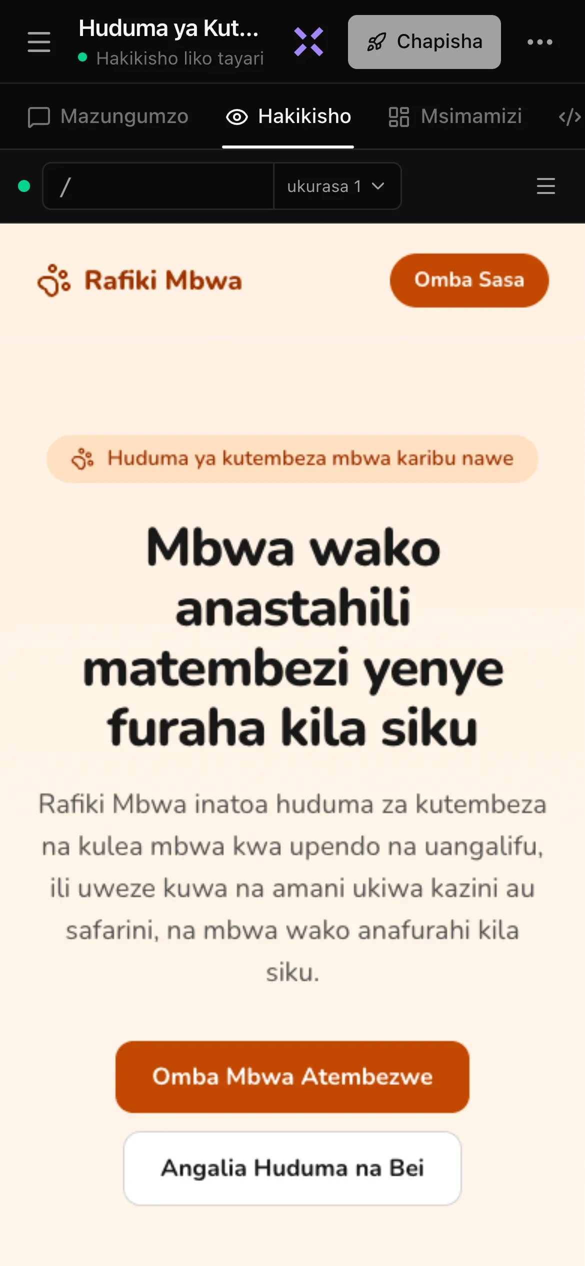 Mradi uliokamilika kwenye simu: kichwa chenye kitufe cha menyu, jina la mradi lililofupishwa na Hakikisho liko tayari chini yake, X ya zambarau ya Muulize Luna, Chapisha na •••; safu ya mionekano Mazungumzo, Hakikisho, Msimamizi na Msimbo, Hakikisho likiwa limechaguliwa; na tovuti ya kutembeza mbwa Rafiki Mbwa kwenye hakikisho, yenye Mbwa wako anastahili matembezi yenye furaha kila siku na kitufe cha Omba Mbwa Atembezwe