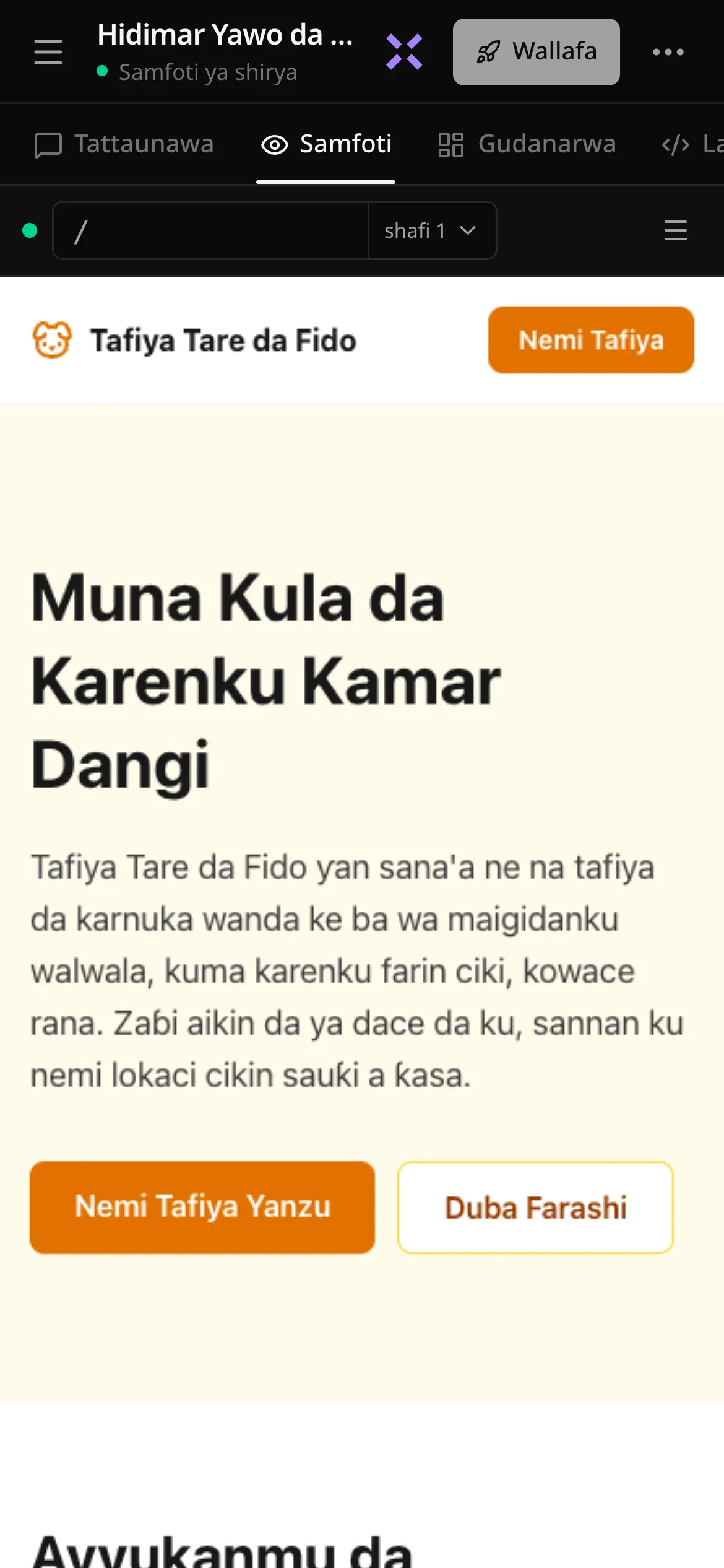 Aikin da aka kammala a waya: kanun mai maɓallin menu, sunan aikin a gajarce da “Samfoti ya shirya” a ƙarƙashinsa, X mai launin shunayya ta Tambayi Luna, Wallafa da •••; jerin kallo Tattaunawa, Samfoti, Gudanarwa da Lambar tushe inda aka zaɓi Samfoti; da gidan yanar gizon Tafiya Tare da Fido a samfoti, mai “Muna Kula da Karenku Kamar Dangi” da maɓallin Nemi Tafiya Yanzu