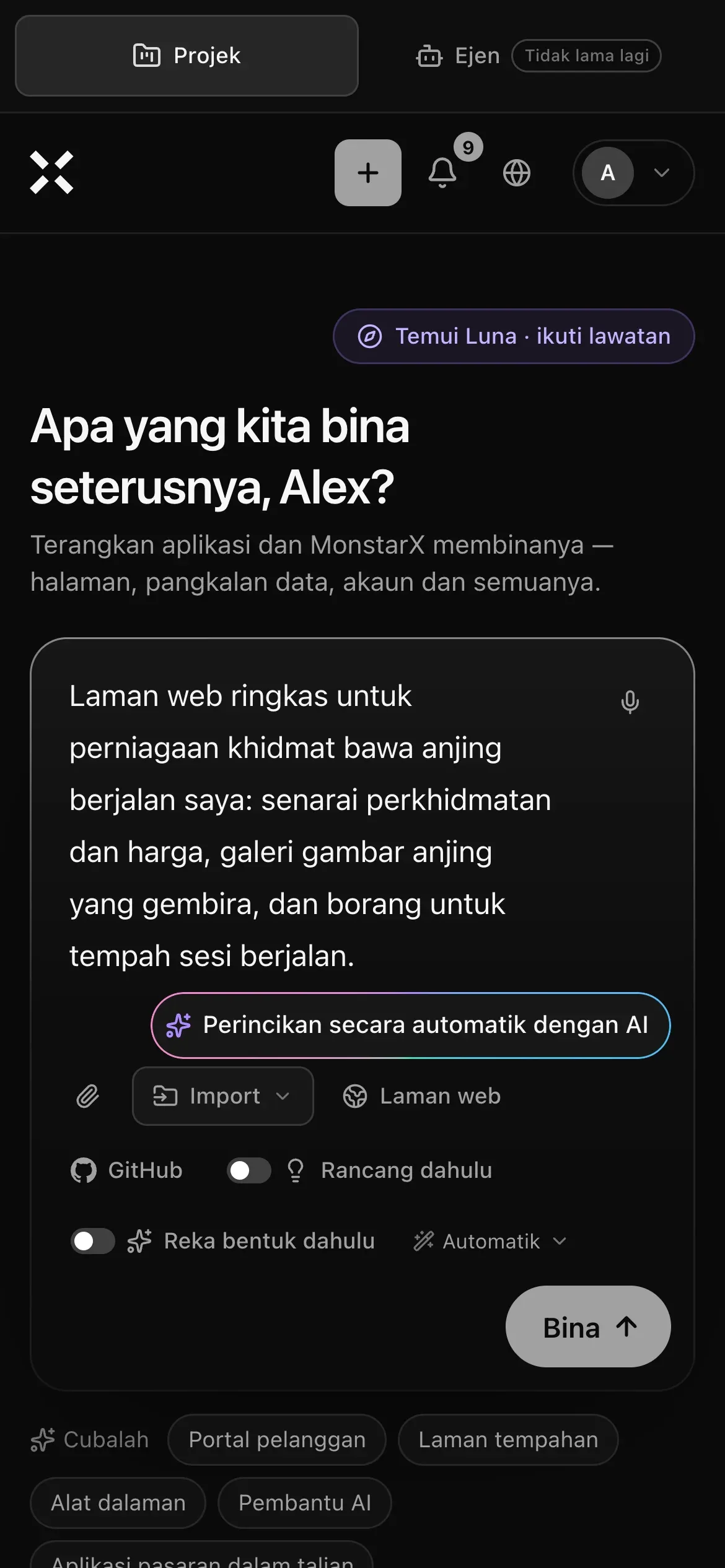 Halaman Projek di telefon: permintaan untuk laman web ringkas bagi perniagaan khidmat bawa anjing berjalan ditaip dalam kotak prom, dengan Perincikan secara automatik dengan AI, Import, pintasan Laman web dan GitHub, Rancang dahulu, Reka bentuk dahulu, Automatik dan butang Bina