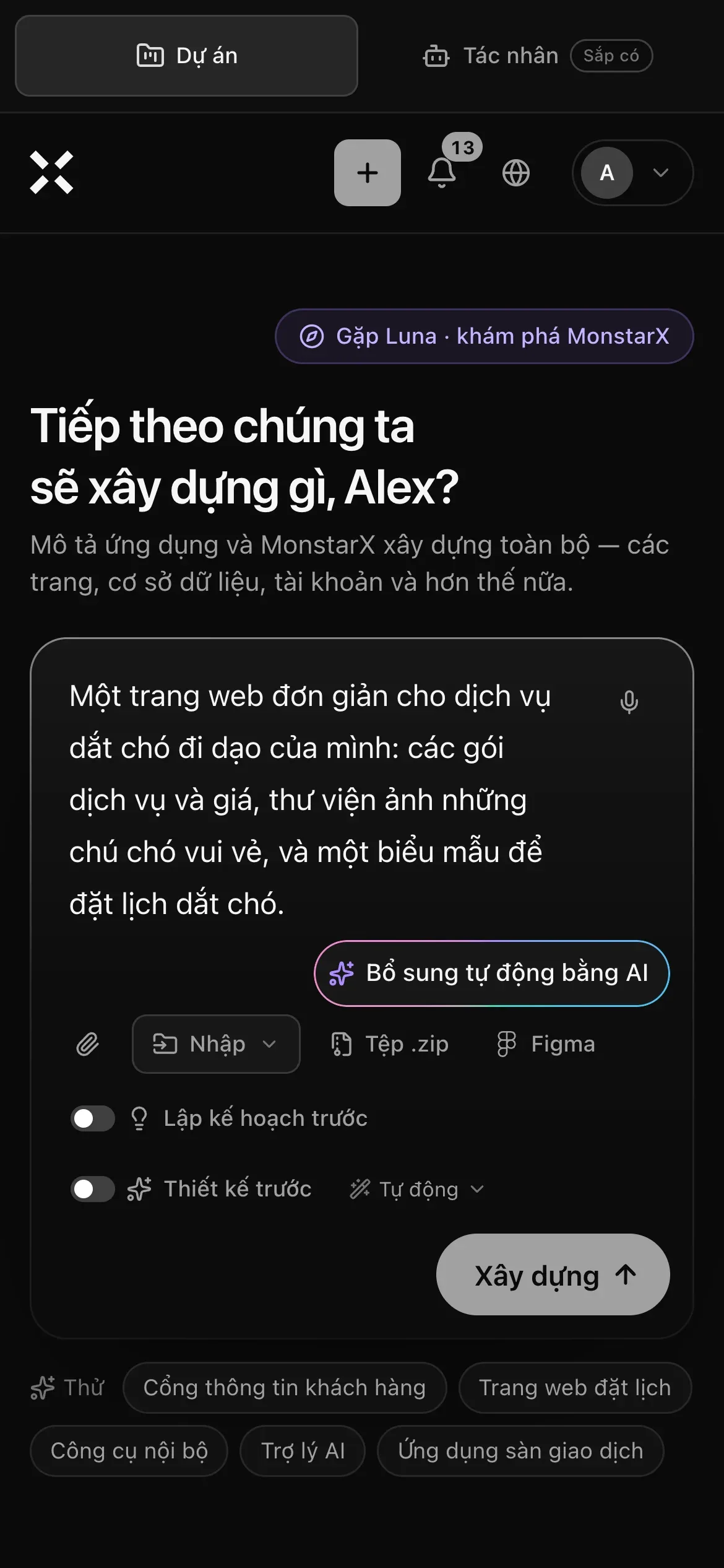 Trang Dự án trên điện thoại: yêu cầu tạo một trang web đơn giản cho dịch vụ dắt chó đi dạo đã nhập vào ô nhập câu lệnh, kèm Bổ sung tự động bằng AI, Nhập, các lối tắt Tệp .zip và Figma, Lập kế hoạch trước, Thiết kế trước, Tự động và nút Xây dựng