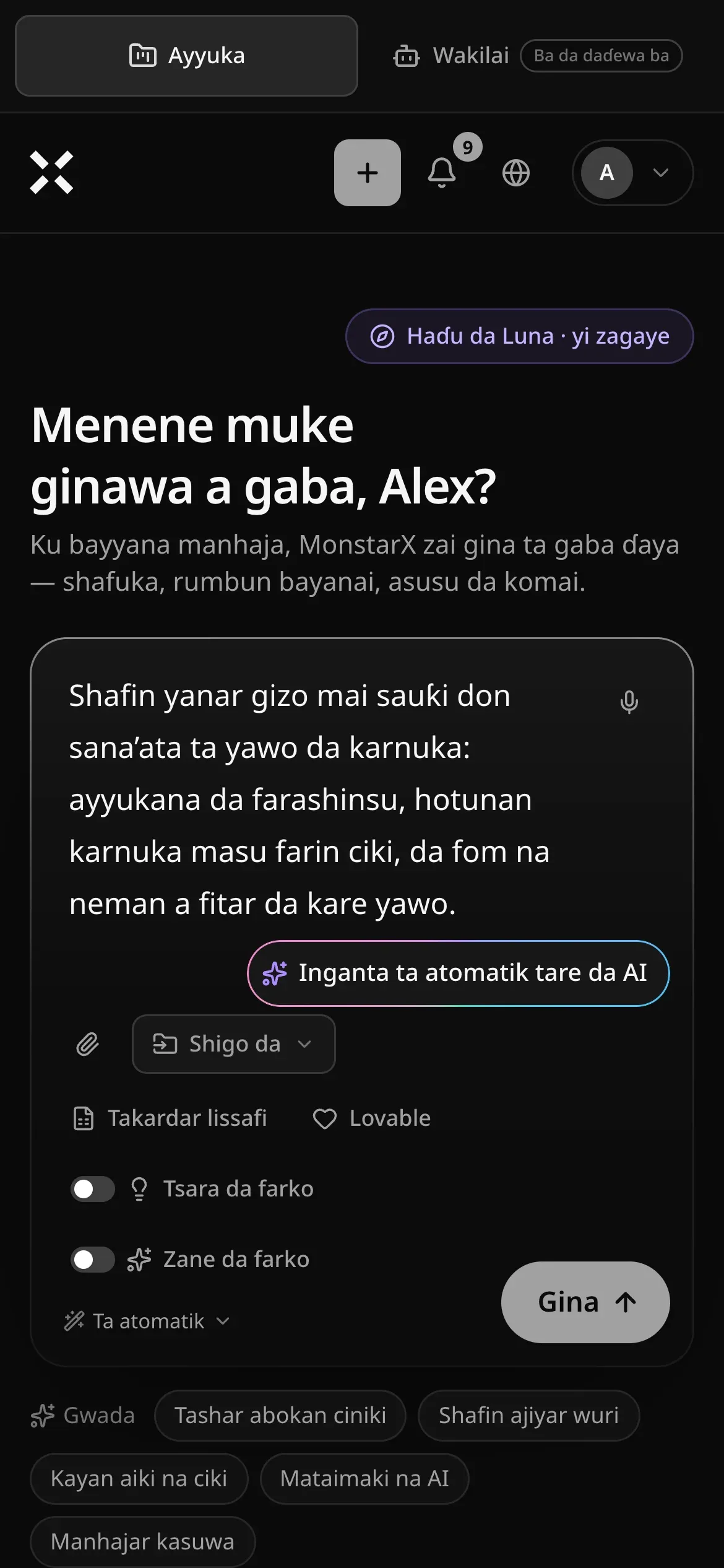 Shafin Ayyuka a waya: buƙatar gidan yanar gizo mai sauƙi don sana’ar yawo da karnuka a rubuce a akwatin rubutu, tare da Inganta ta atomatik tare da AI, Shigo da, gajerun hanyoyin Takardar lissafi da Lovable, Tsara da farko, Zane da farko, Ta atomatik da maɓallin Gina, da ra’ayoyin farawa a ƙasa