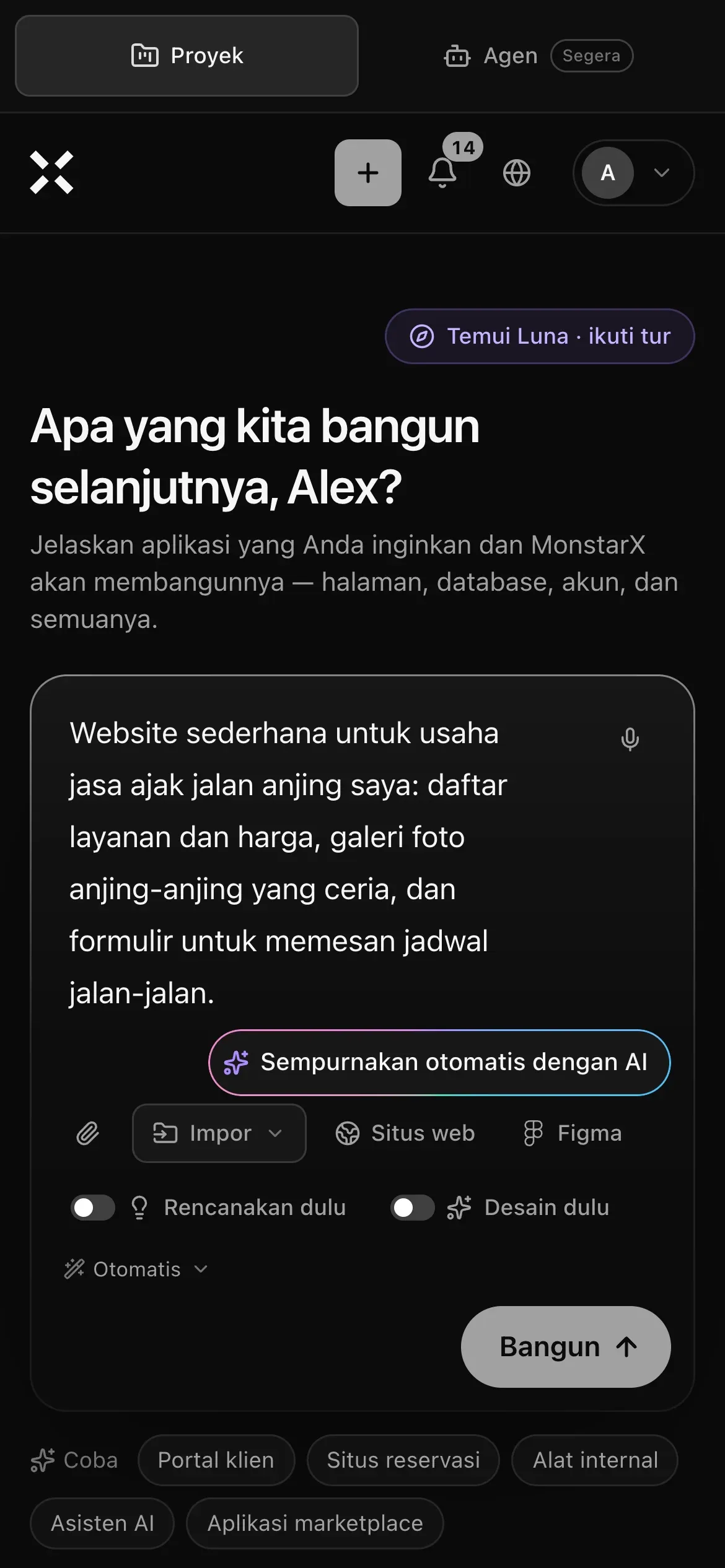 Halaman Proyek di ponsel: permintaan untuk situs web sederhana bagi usaha jasa ajak jalan anjing diketik di kotak prompt, dengan Sempurnakan otomatis dengan AI, Impor, pintasan Situs web dan Figma, Rencanakan dulu, Desain dulu, Otomatis, dan tombol Bangun