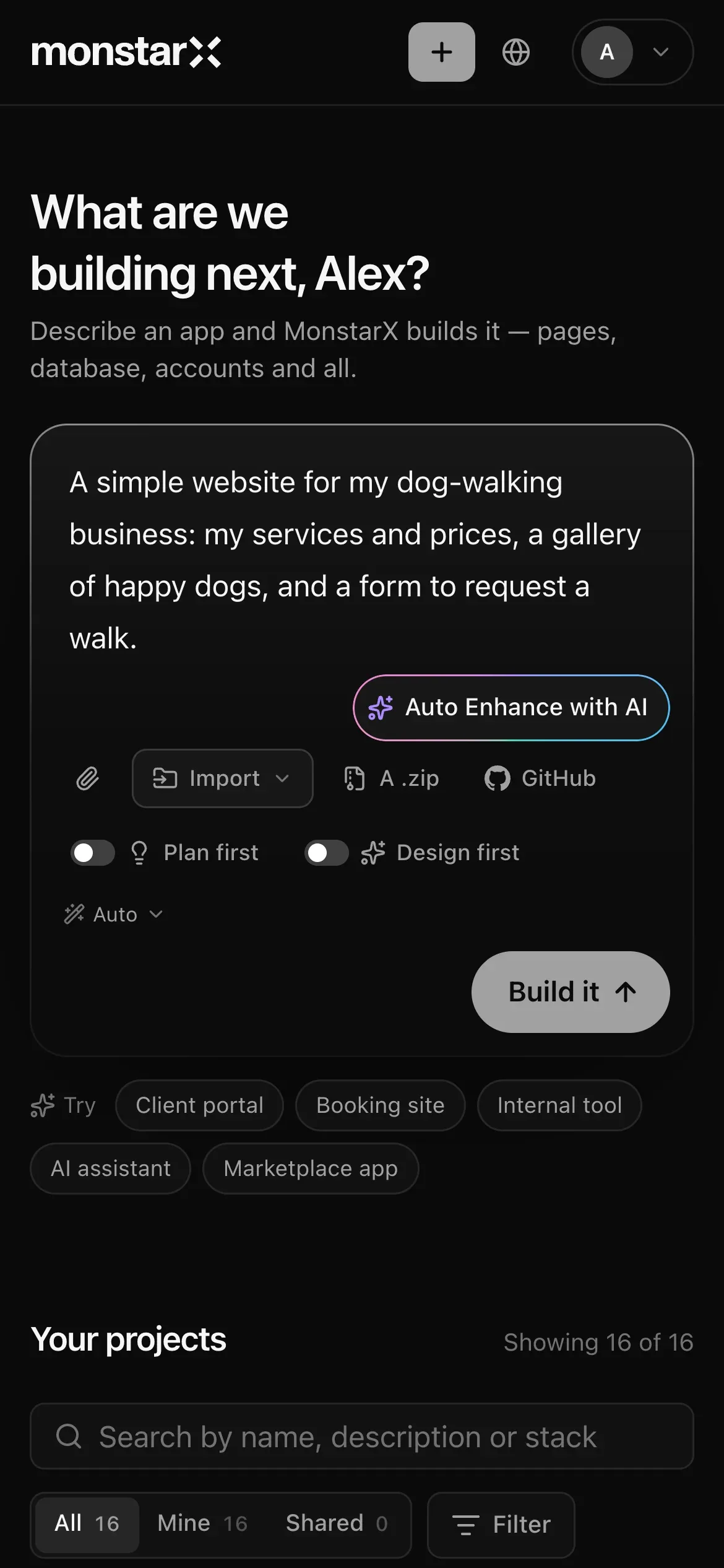The Projects page on a phone: the request A simple website for my dog-walking business typed into the prompt box, with Auto Enhance with AI, Import, the shortcuts A .zip and GitHub, Plan first, Design first, Auto and a Build it button