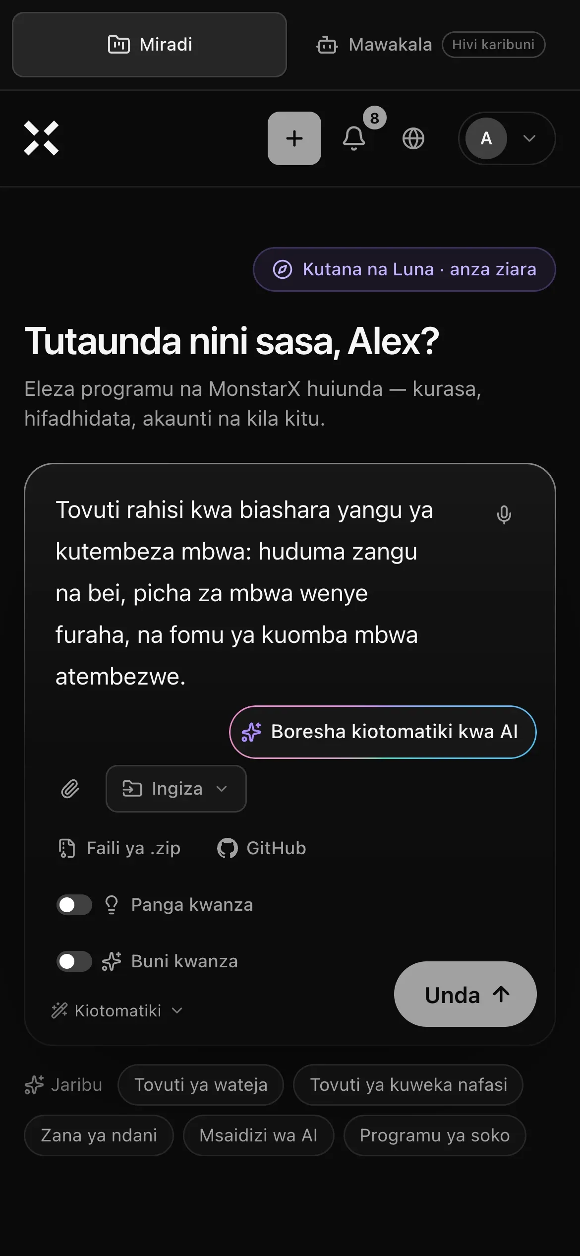Ukurasa wa Miradi kwenye simu: ombi la tovuti rahisi ya biashara ya kutembeza mbwa limeandikwa kwenye kisanduku cha ombi, pamoja na Boresha kiotomatiki kwa AI, Ingiza, njia za mkato Faili ya .zip na GitHub, Panga kwanza, Buni kwanza, Kiotomatiki na kitufe cha Unda, na mawazo ya kuanzia chini yake