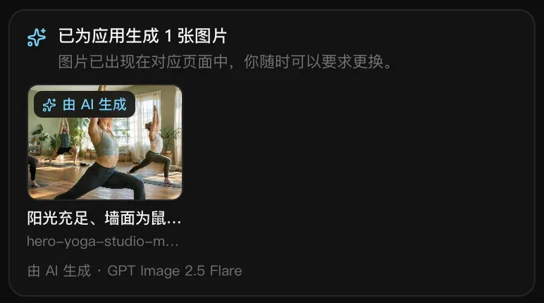 卡片“已为应用生成 1 张图片”，显示阳光充足的瑜伽馆里几位学员在上课，带有“由 AI 生成”标记，图片标题为“阳光充足、墙面为鼠…”，文件名为 hero-yoga-studio-m…，下方注明“由 AI 生成 · GPT Image 2.5 Flare”