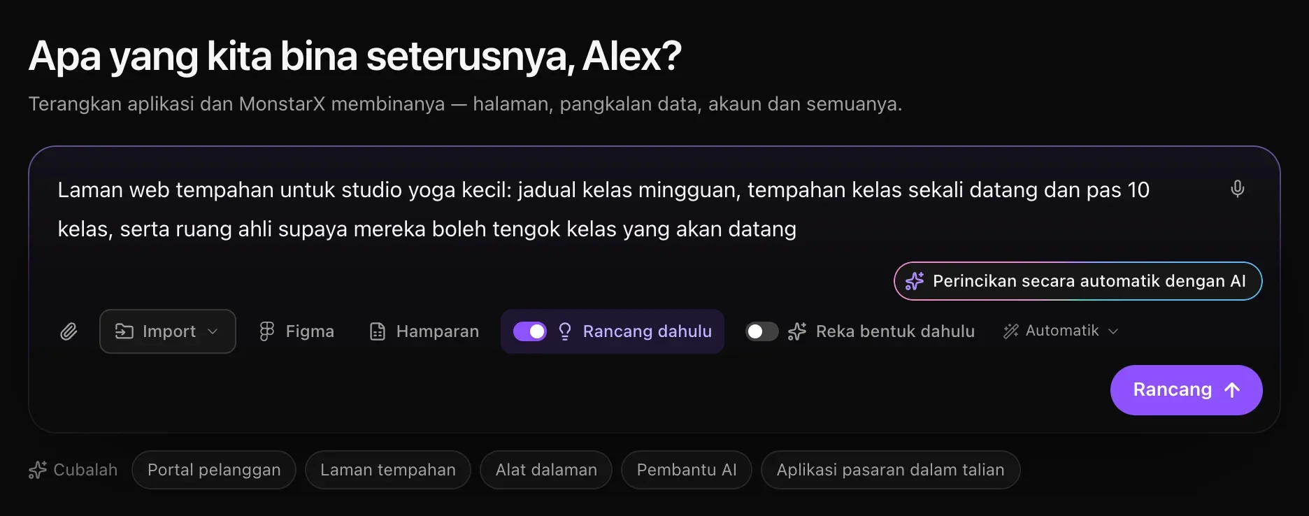 Kotak prom dengan penerangan studio yoga, Rancang dahulu dihidupkan dalam warna ungu dan butang Rancang