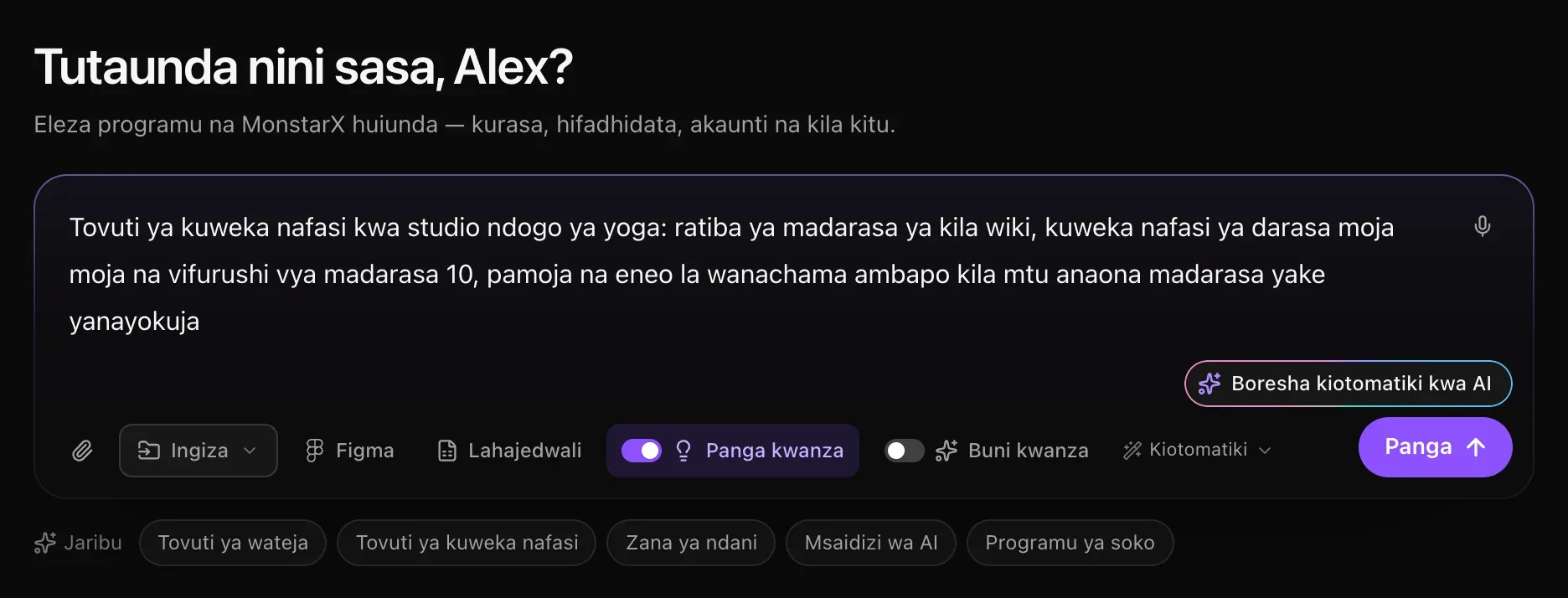 Kisanduku cha ombi chenye maelezo ya studio ya yoga, Panga kwanza imewashwa kwa rangi ya zambarau na kitufe cha Panga