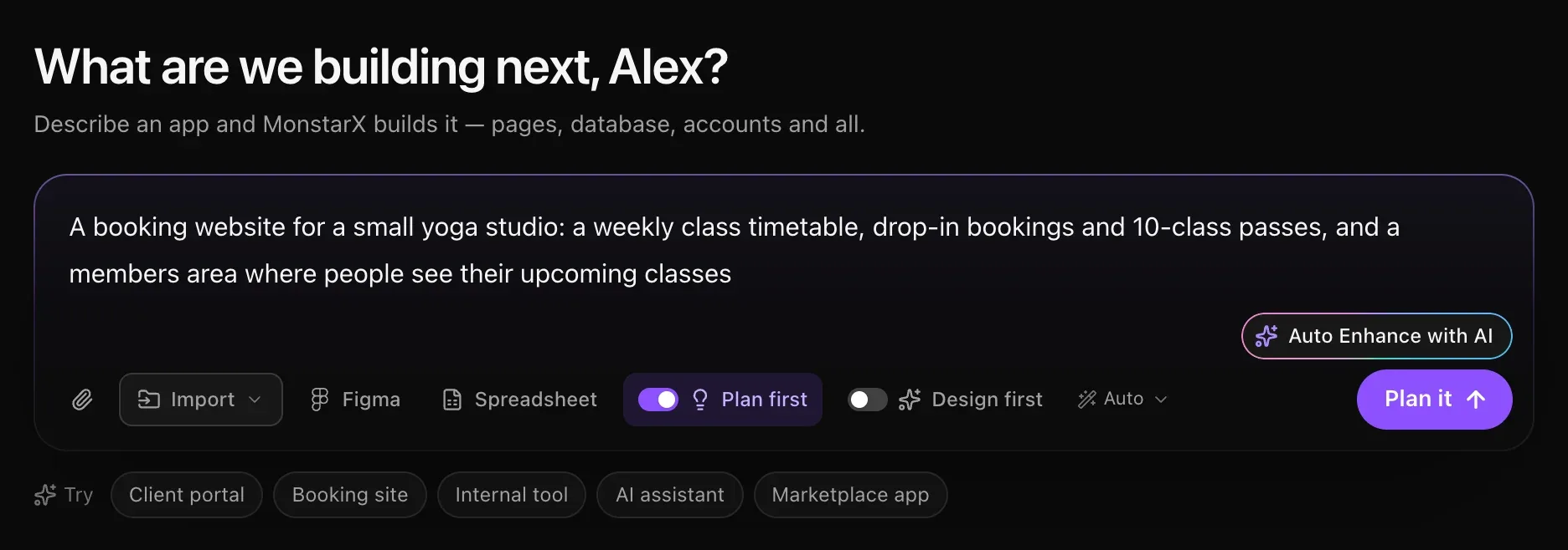 The prompt box with a yoga studio description, Plan first switched on in violet and the Plan it button
