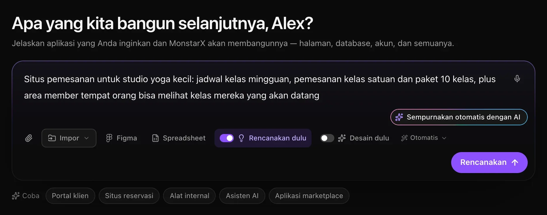 Kotak prompt berisi deskripsi studio yoga, dengan Rencanakan dulu aktif berwarna ungu dan tombol Rencanakan