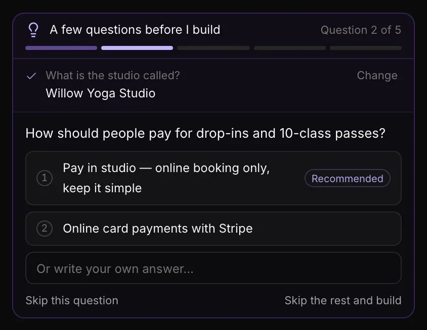 Question 2 of 5, How should people pay for drop-ins and 10-class passes?, with two numbered answers, the first marked Recommended, Or write your own answer…, Skip this question and Skip the rest and build