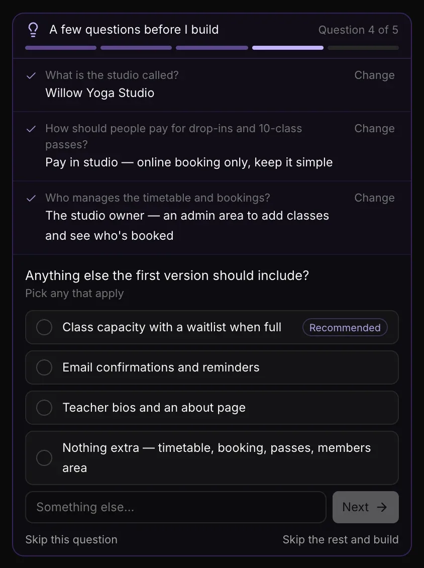 Question 4 of 5, Anything else the first version should include? — Pick any that apply — with four options to tick, a Something else… box and Next