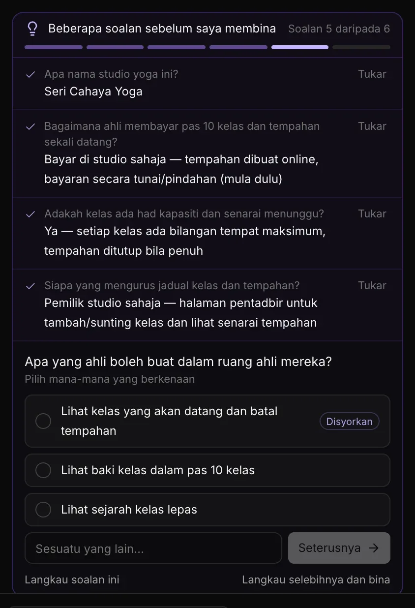 Soalan 5 daripada 6, tentang apa yang ahli boleh buat dalam ruang ahli mereka — Pilih mana-mana yang berkenaan — dengan tiga pilihan untuk ditanda, kotak Sesuatu yang lain… dan Seterusnya