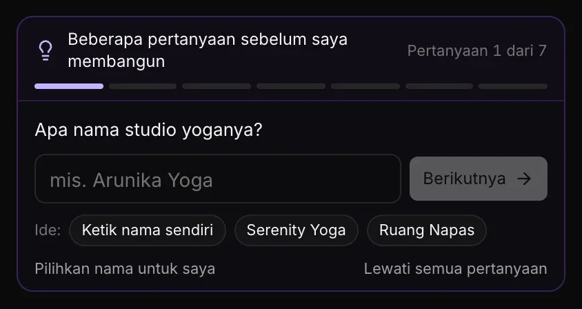 Pertanyaan 1 dari 7, menanyakan nama studio yoga, dengan kotak nama, tombol Berikutnya, dan tiga ide (Ketik nama sendiri, Serenity Yoga, Ruang Napas), serta Pilihkan nama untuk saya dan Lewati semua pertanyaan