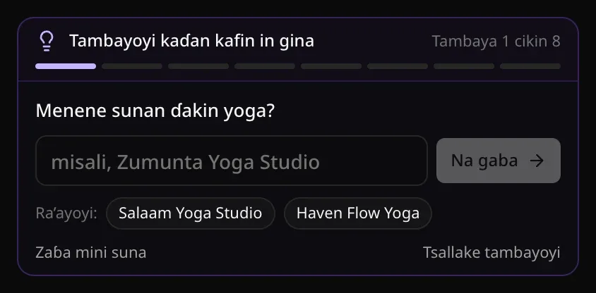Tambaya 1 cikin 8, game da sunan ɗakin yoga, tare da akwatin suna, maɓallin Na gaba da Ra’ayoyi: Salaam Yoga Studio da Haven Flow Yoga, da Zaɓa mini suna da Tsallake tambayoyi