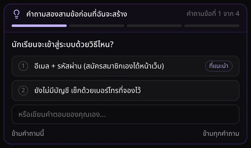 การ์ดโหมดวางแผน มีหัวข้อคำถามสองสามข้อก่อนที่ฉันจะสร้าง คำถามข้อที่ 1 จาก 4 ว่านักเรียนจะเข้าสู่ระบบด้วยวิธีไหน พร้อมคำตอบที่แนะนำ 2 ข้อ โดยข้อแรก อีเมล + รหัสผ่าน มีป้ายที่แนะนำ ช่องเขียนคำตอบเอง และปุ่มข้ามคำถามนี้กับข้ามทุกคำถาม