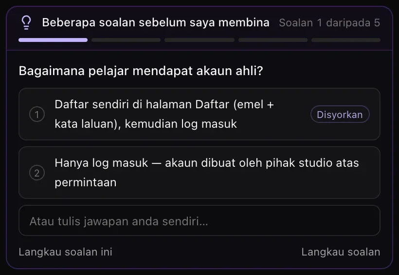 Kad mod Rancang: Beberapa soalan sebelum saya membina, Soalan 1 daripada 5, soalan tentang cara pelajar mendapat akaun ahli dengan dua cadangan jawapan, yang pertama bertanda Disyorkan