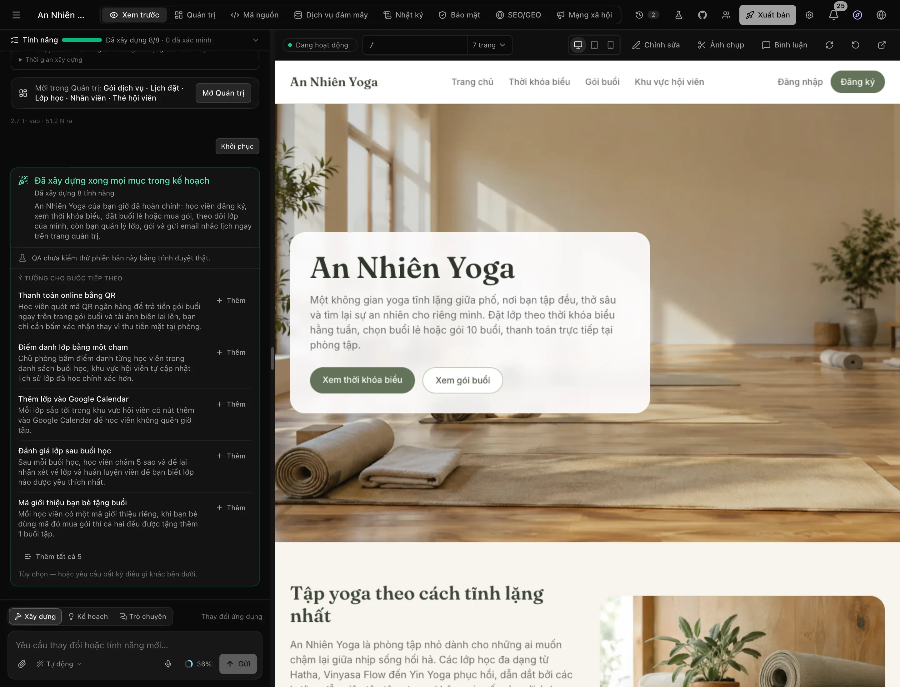 Không gian làm việc sau khi xây dựng: trang web An Nhiên Yoga với tông kem và xanh xô thơm trong bản xem trước, cùng dòng Đã xây dựng xong mọi mục trong kế hoạch — 8 tính năng đã xây dựng — trong cuộc trò chuyện