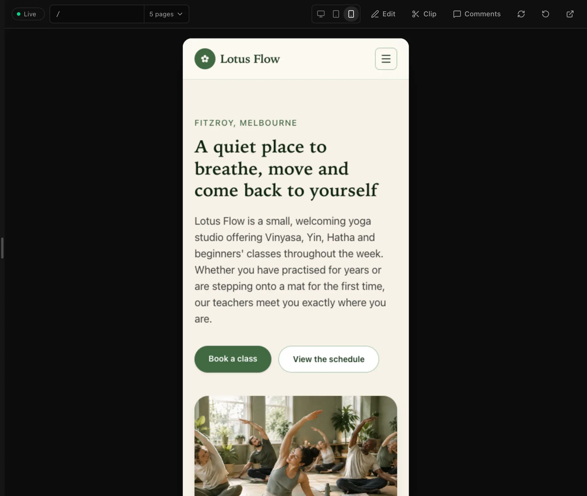 The yoga studio home page in the phone-width preview, with the navigation collapsed into a menu button and the photo below the text