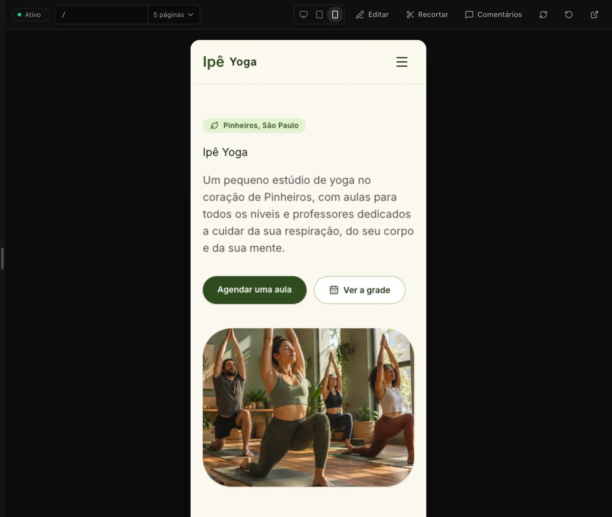 A página inicial do estúdio Ipê Yoga na prévia com largura de celular, com a navegação recolhida em um botão de menu e a foto abaixo do texto