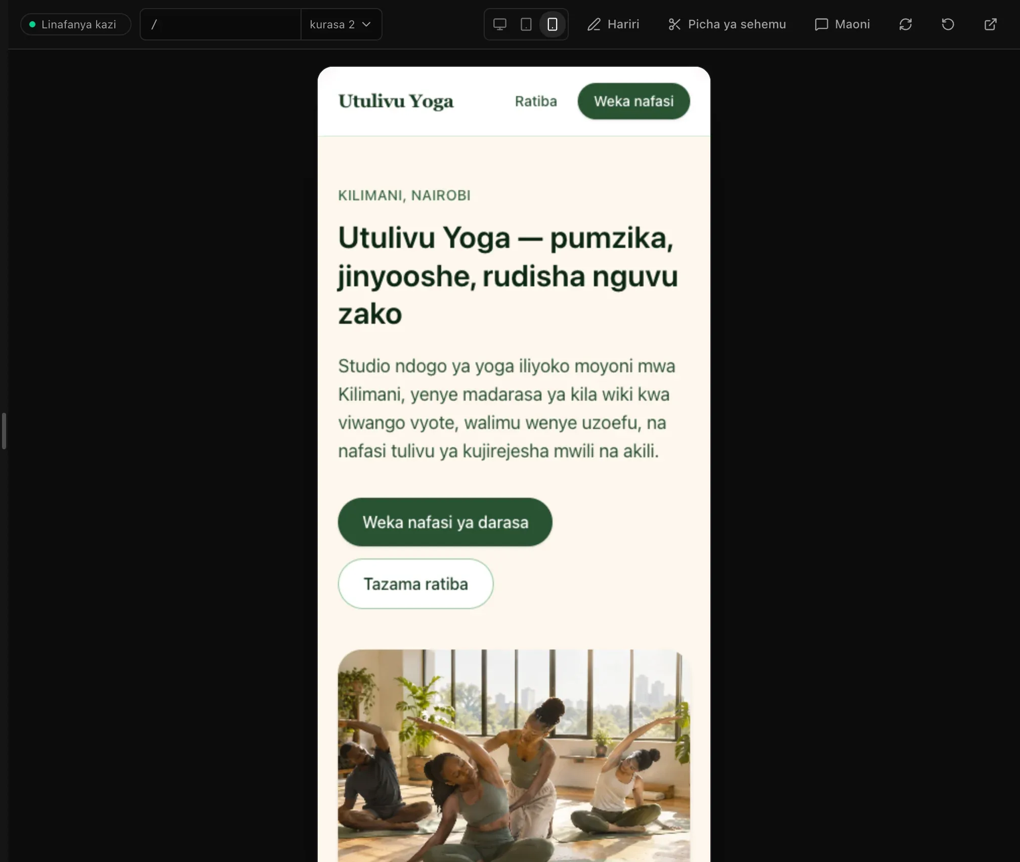 Ukurasa wa mwanzo wa Utulivu Yoga kwenye hakikisho la upana wa simu, menyu ikibaki na Ratiba na Weka nafasi, vitufe vikiwa kimoja juu ya kingine na picha ikiwa chini ya maandishi