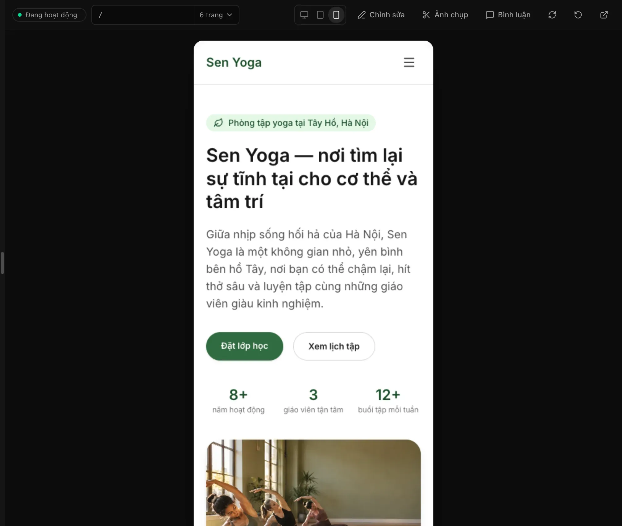 Trang chủ Sen Yoga trong bản xem trước ở chiều rộng điện thoại, thanh điều hướng thu gọn thành nút menu và ảnh nằm dưới phần chữ