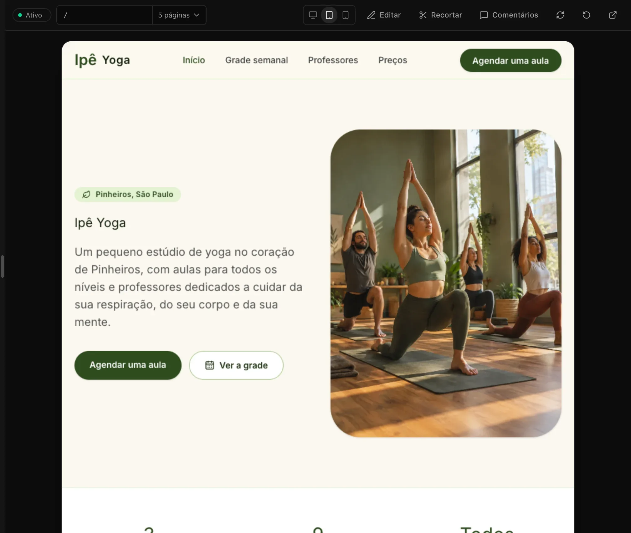 A página inicial do estúdio Ipê Yoga na prévia com largura de tablet, centralizada no painel, com a foto ao lado do texto