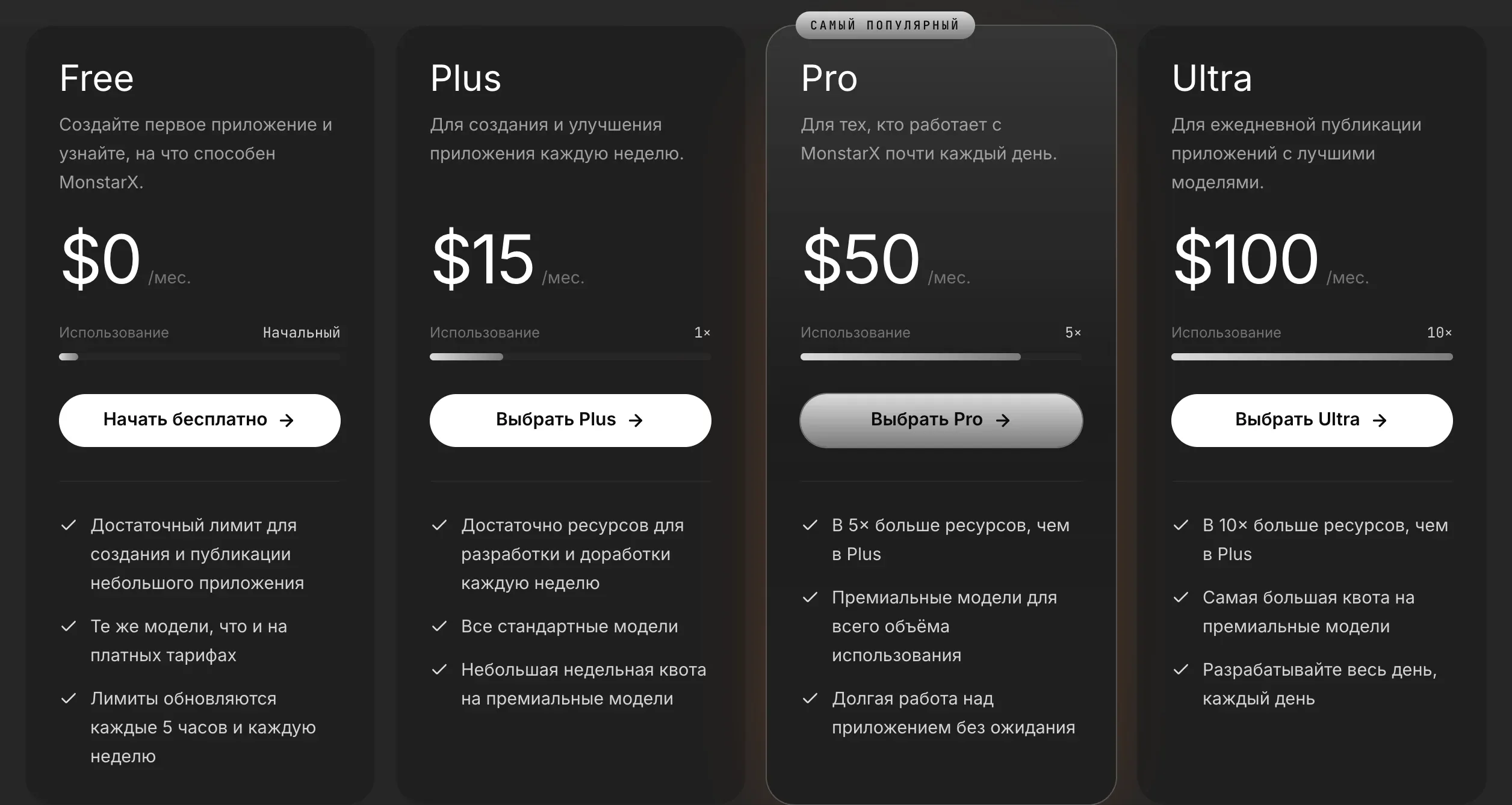 Четыре карточки тарифов на странице тарифов: Free $0, Plus $15, Pro $50 («Самый популярный») и Ultra $100 в месяц, у каждой шкала использования и три главных преимущества