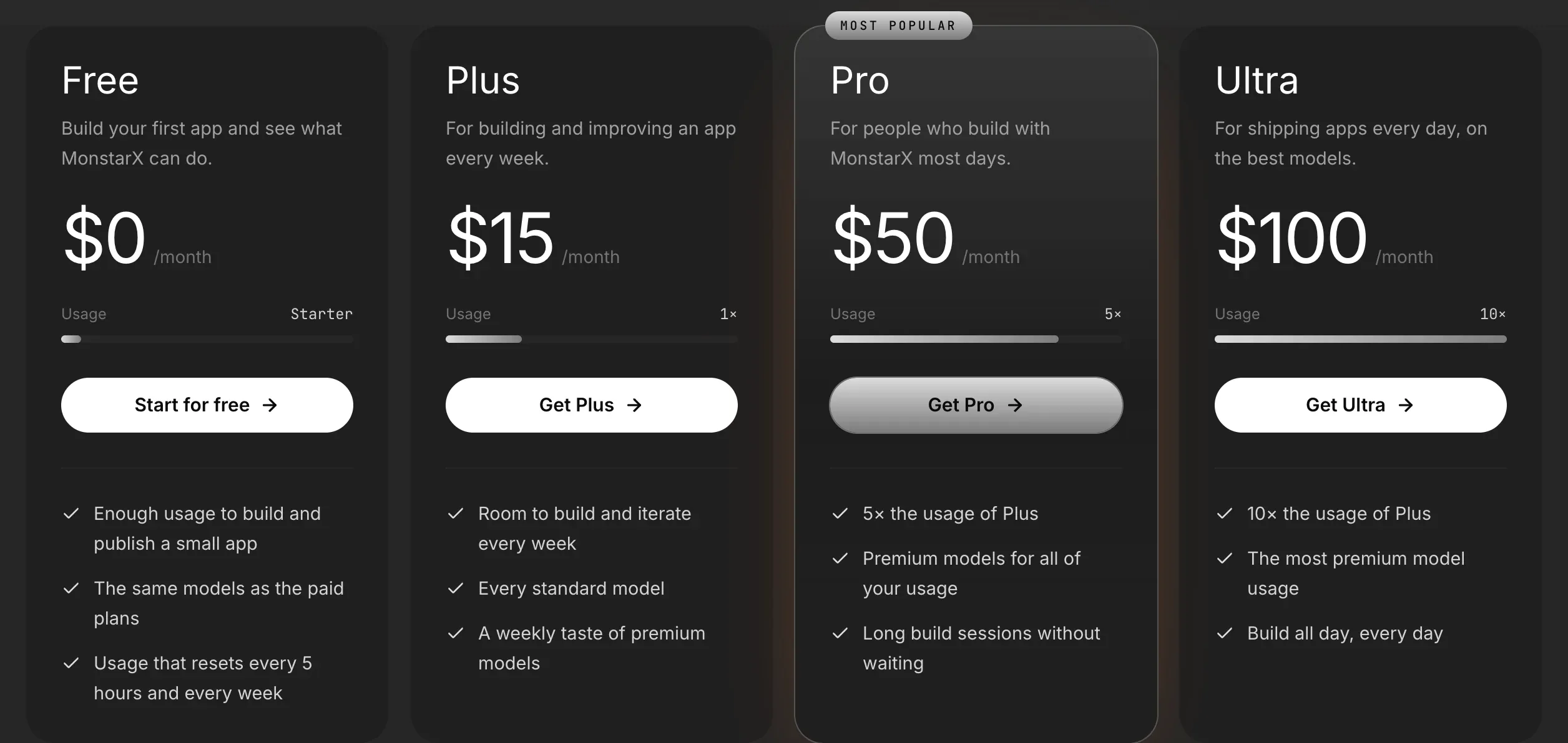 The four plan cards on the Pricing page: Free $0, Plus $15, Pro $50 (Most popular) and Ultra $100 a month, each with its usage bar and three highlights