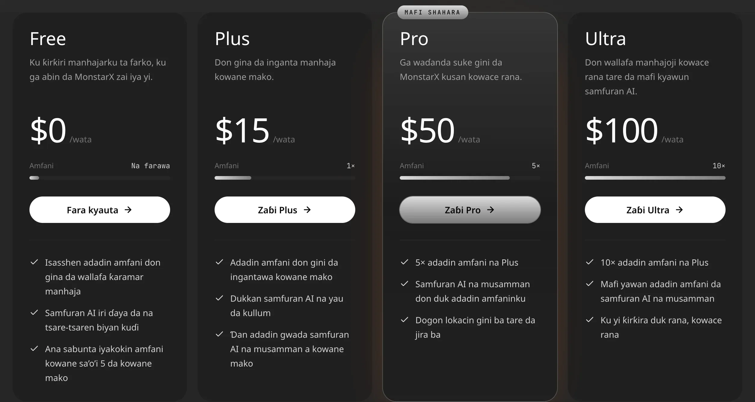 Katunan tsare-tsare huɗu a shafin farashi: Free $0, Plus $15, Pro $50 (Mafi shahara) da Ultra $100 a wata, kowanne da sandar amfaninsa da muhimman abubuwa uku