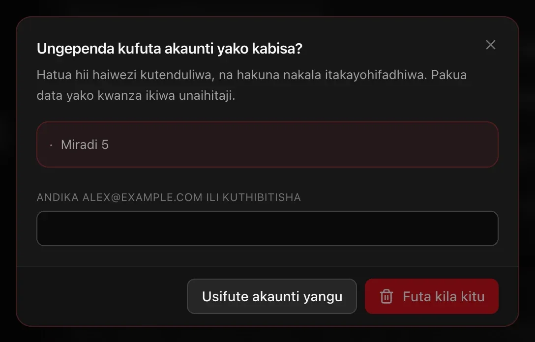 Dirisha la Ungependa kufuta akaunti yako kabisa? likiorodhesha miradi 5, kisanduku cha kuandika anwani ya barua pepe, na vitufe vya Usifute akaunti yangu na Futa kila kitu