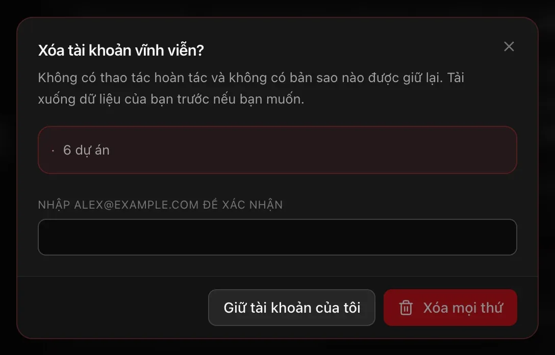 Cửa sổ Xóa tài khoản vĩnh viễn? liệt kê 6 dự án, ô để nhập địa chỉ email, và các nút Giữ tài khoản của tôi và Xóa mọi thứ