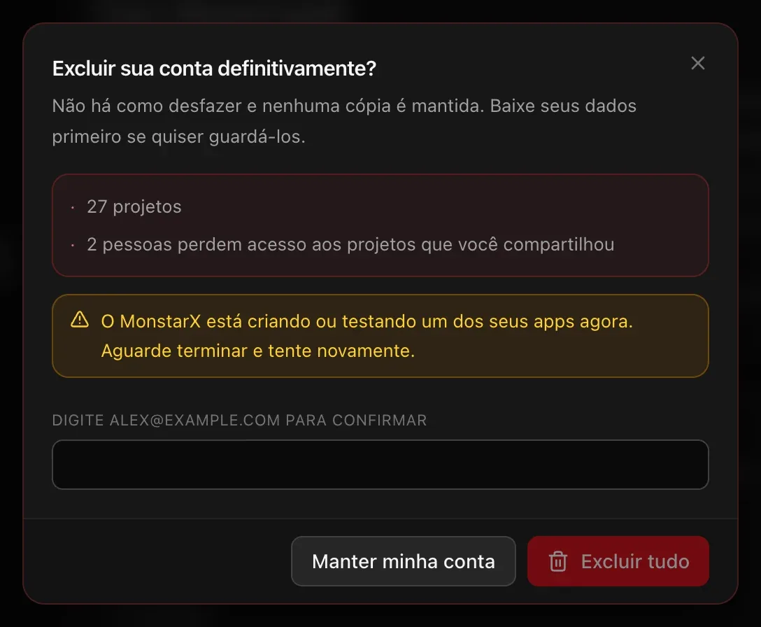 A janela Excluir sua conta definitivamente?, listando 27 projetos e as 2 pessoas que perdem acesso aos projetos compartilhados, um aviso de que o MonstarX está criando ou testando um dos apps agora, um campo para digitar o endereço de e-mail e os botões Manter minha conta e Excluir tudo
