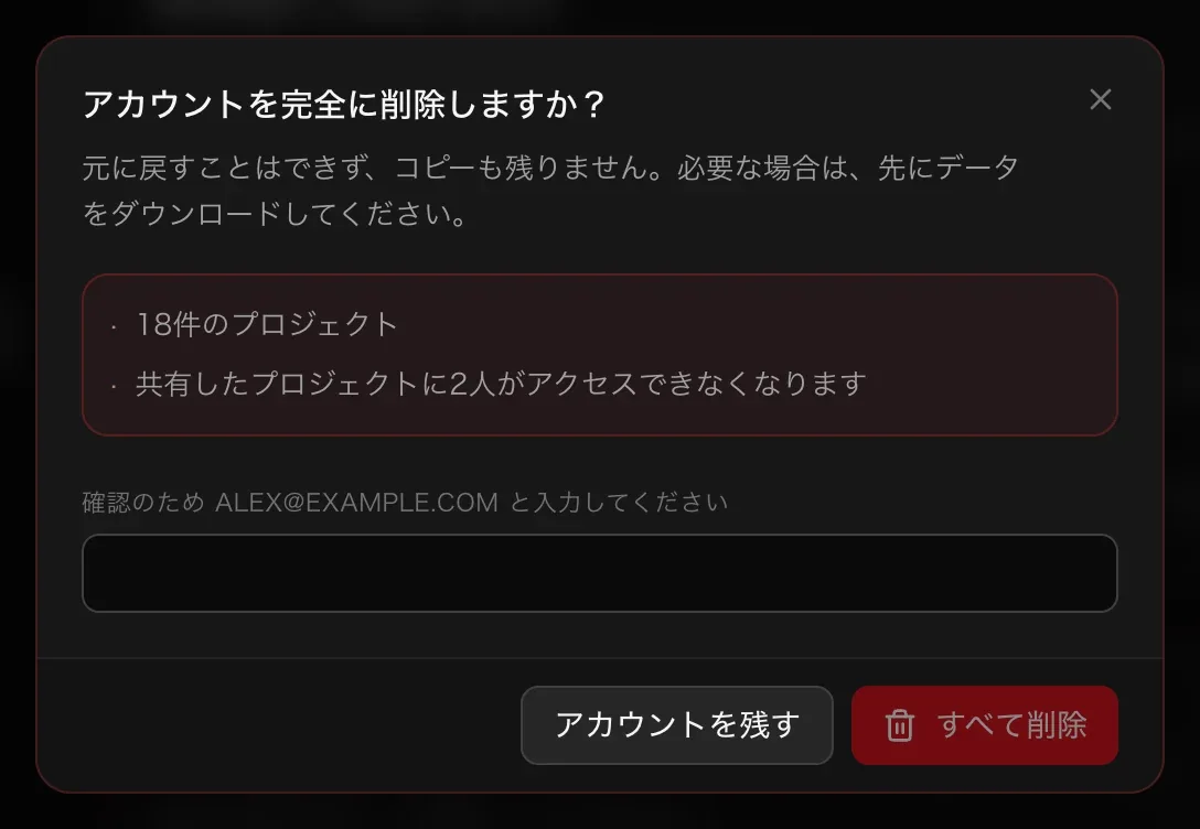 「アカウントを完全に削除しますか？」の画面。18件のプロジェクト、共有したプロジェクトに2人がアクセスできなくなるという注意、メールアドレスを入力する欄、「アカウントを残す」と「すべて削除」のボタン