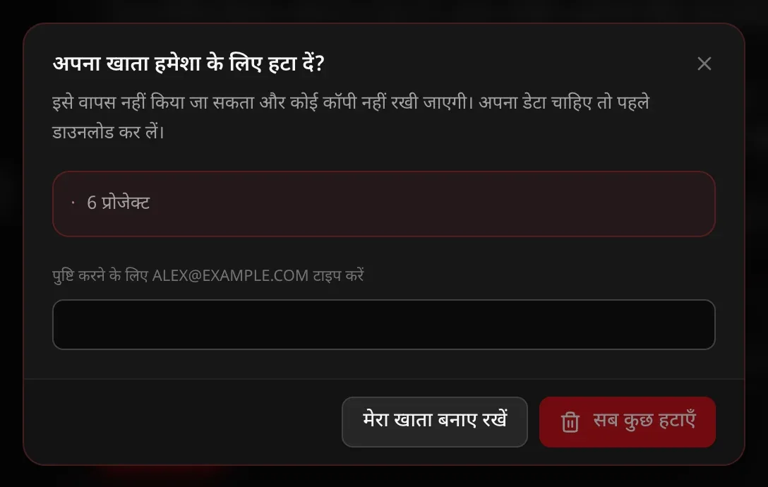 अपना खाता हमेशा के लिए हटा दें? विंडो, जिसमें 6 प्रोजेक्ट की गिनती है, पुष्टि के लिए ईमेल पता टाइप करने का बॉक्स, और मेरा खाता बनाए रखें व सब कुछ हटाएँ बटन