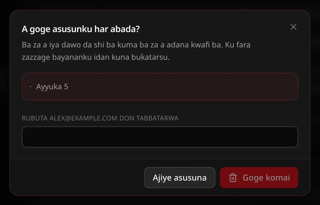 Tagar A goge asusunku har abada? tana jera ayyuka 5, akwatin rubuta adireshin imel, da maɓallan Ajiye asusuna da Goge komai