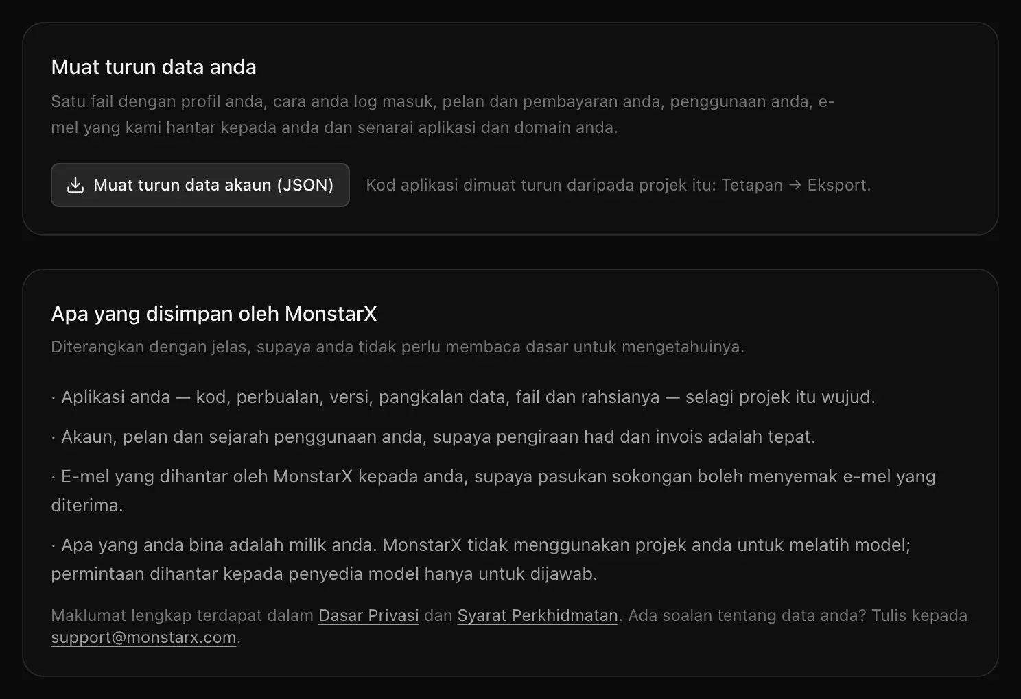 Muat turun data anda dengan butang Muat turun data akaun (JSON), dan Apa yang disimpan oleh MonstarX dalam empat baris ringkas