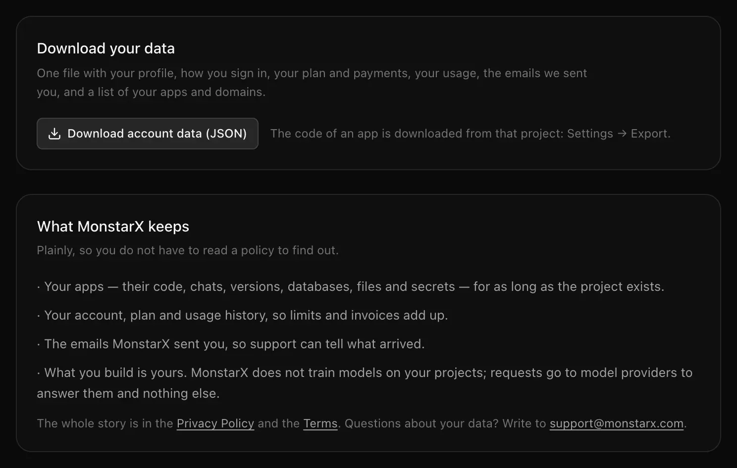 Download your data with the Download account data (JSON) button, and What MonstarX keeps in four plain lines