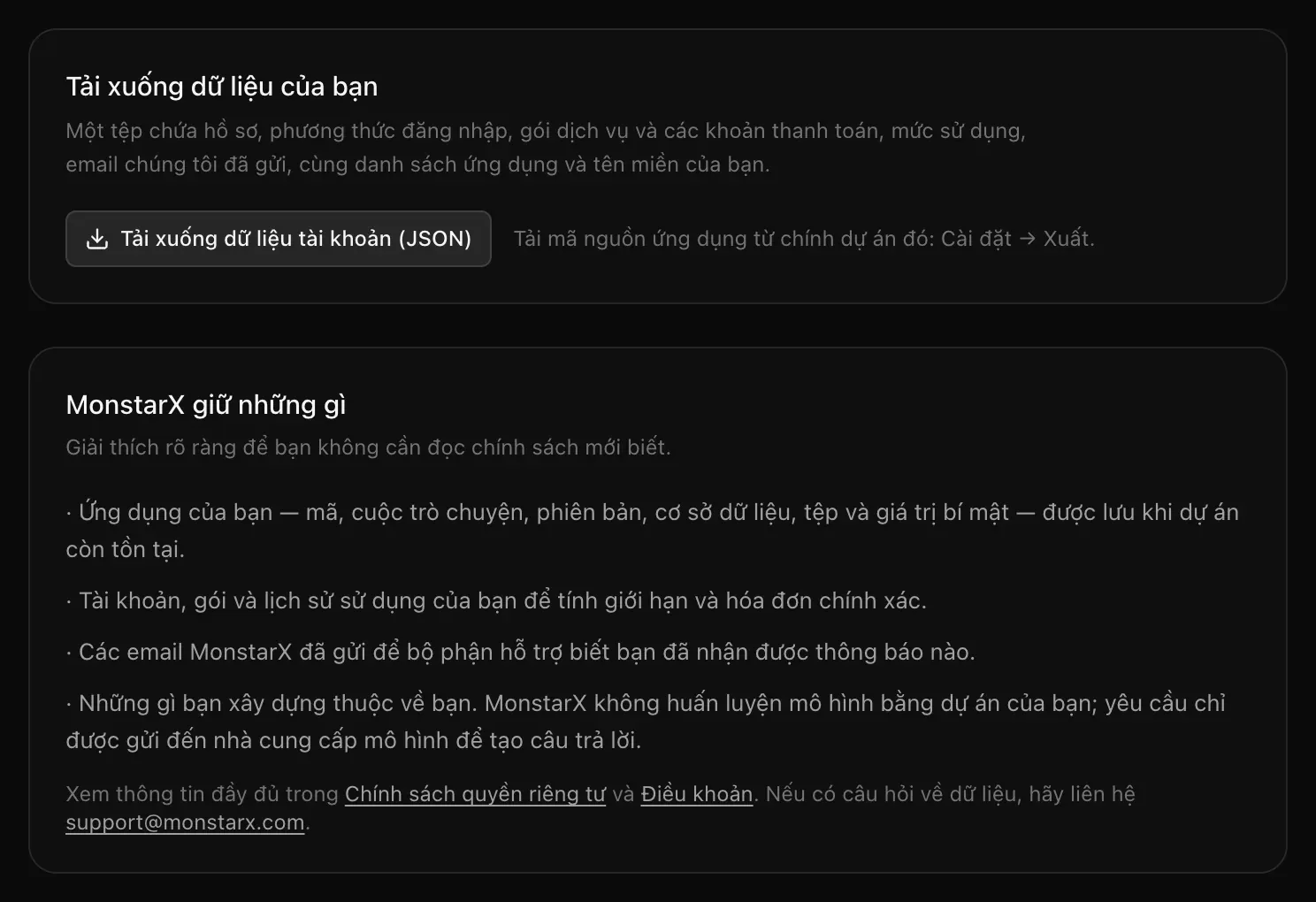 Phần Tải xuống dữ liệu của bạn với nút Tải xuống dữ liệu tài khoản (JSON), và phần MonstarX giữ những gì gồm bốn dòng dễ hiểu