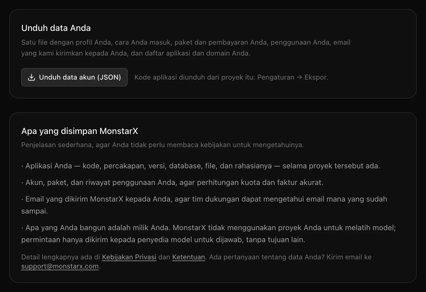 Unduh data Anda dengan tombol Unduh data akun (JSON), dan Apa yang disimpan MonstarX dalam empat baris sederhana