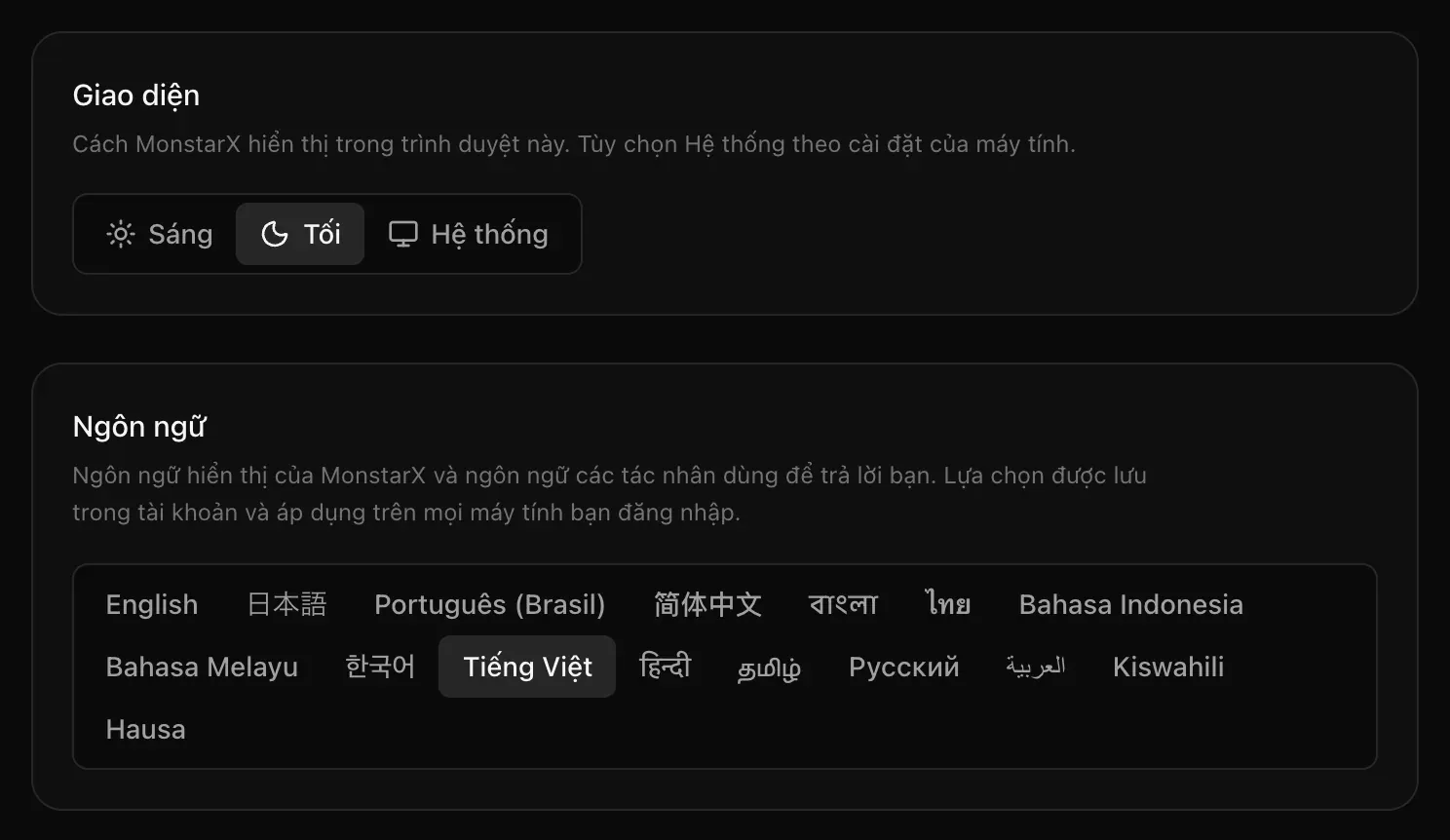 Thẻ Giao diện với Sáng, Tối và Hệ thống, và thẻ Ngôn ngữ với mọi ngôn ngữ xếp cạnh nhau bằng chữ viết riêng, Tiếng Việt đang được chọn