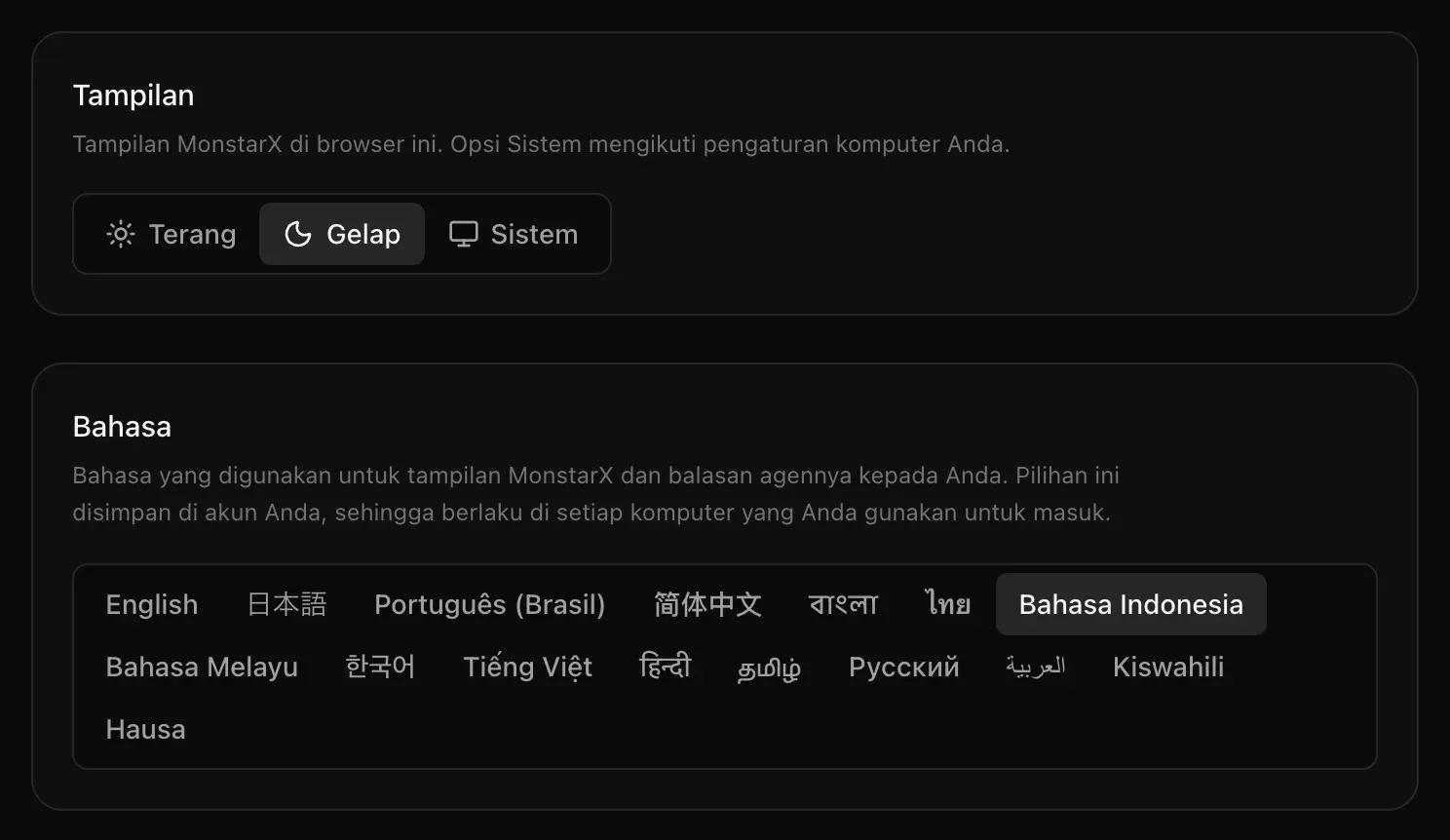 Kartu Tampilan dengan Terang, Gelap, dan Sistem, serta kartu Bahasa yang menampilkan semua bahasa berdampingan dalam aksaranya masing-masing, dengan Bahasa Indonesia terpilih