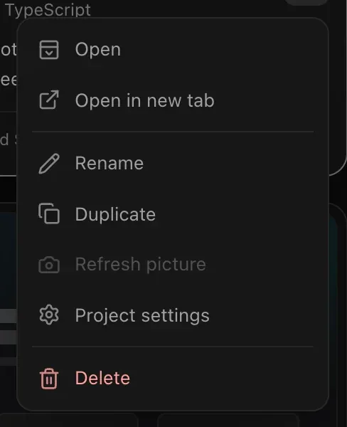 A project card's ⋯ menu: Open, Open in new tab, Rename, Duplicate, Refresh picture, Project settings and, in red, Delete