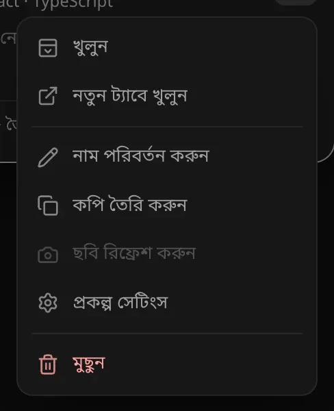 একটি প্রকল্প কার্ডের ⋯ মেনু: খুলুন, নতুন ট্যাবে খুলুন, নাম পরিবর্তন করুন, কপি তৈরি করুন, ছবি রিফ্রেশ করুন, প্রকল্প সেটিংস আর লাল রঙে মুছুন