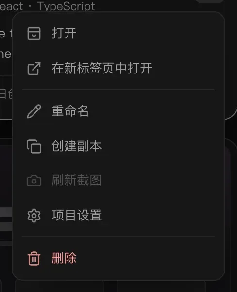 项目卡片的 ⋯ 菜单：打开、在新标签页中打开、重命名、创建副本、刷新截图、项目设置，以及红色的“删除”