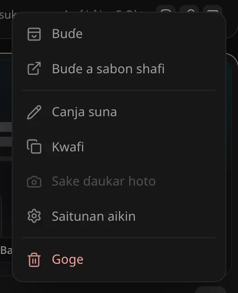 Menu na ⋯ na katin aiki: Buɗe, Buɗe a sabon shafi, Canja suna, Kwafi, Sake ɗaukar hoto, Saitunan aikin, da Goge a launin ja