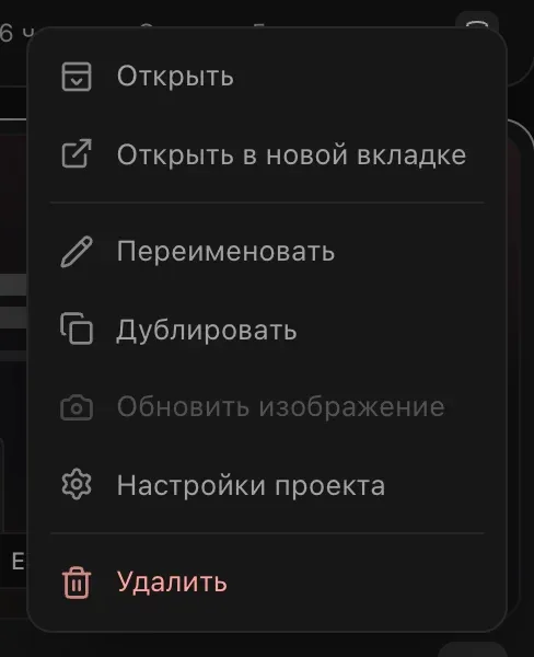 Меню ⋯ карточки проекта: «Открыть», «Открыть в новой вкладке», «Переименовать», «Дублировать», «Обновить изображение», «Настройки проекта» и красный пункт «Удалить»